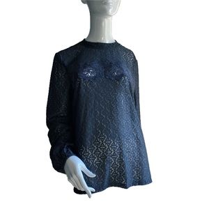 Loft Floral Lace Long Sleeve Charcoal Top L
